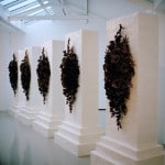 Untitled (Hearts and bones), 2008, mdf, lard, newspaper, blood, tea, coffee, (each) 225 x 90 x 90cm