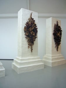 Untitled (Hearts and bones), 2008, mdf, lard, newspaper, blood, tea, coffee, (each) 225 x 90 x 90cm