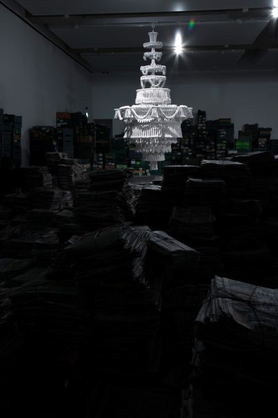 In the Eyes of Others, 2009, plaster, steel, wire, cardboard boxes, newspaper, dimensions variable
