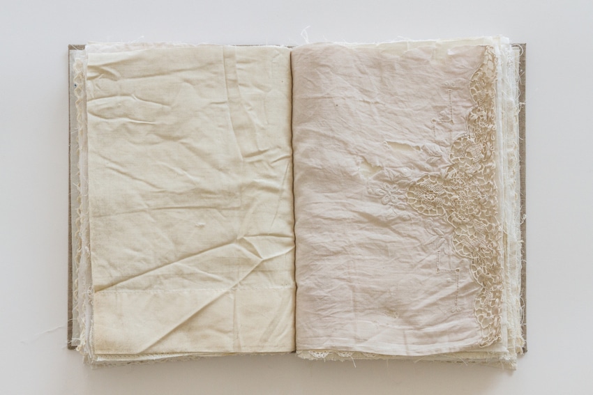 a recollection, 2014, portrait linen, bookboard, antique linens, (each) 37 x 27 x 6cm