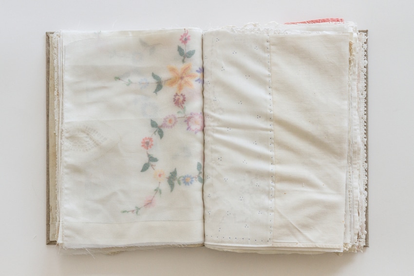 a recollection, 2014, portrait linen, bookboard, antique linens, (each) 37 x 27 x 6cm